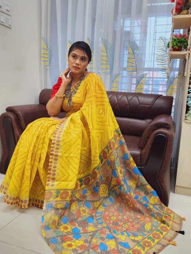 Lovely Linen Saree With Kalamkari Print