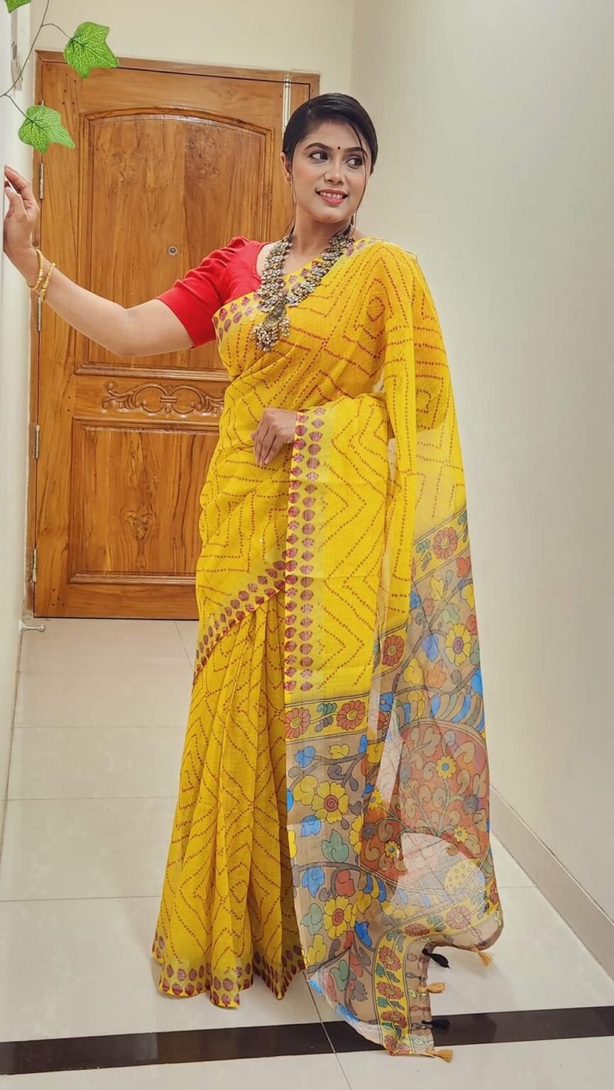 Lovely Linen Saree With Kalamkari Print