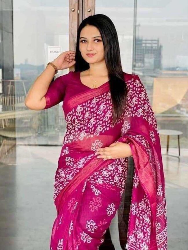 Batik printed soft linen saree